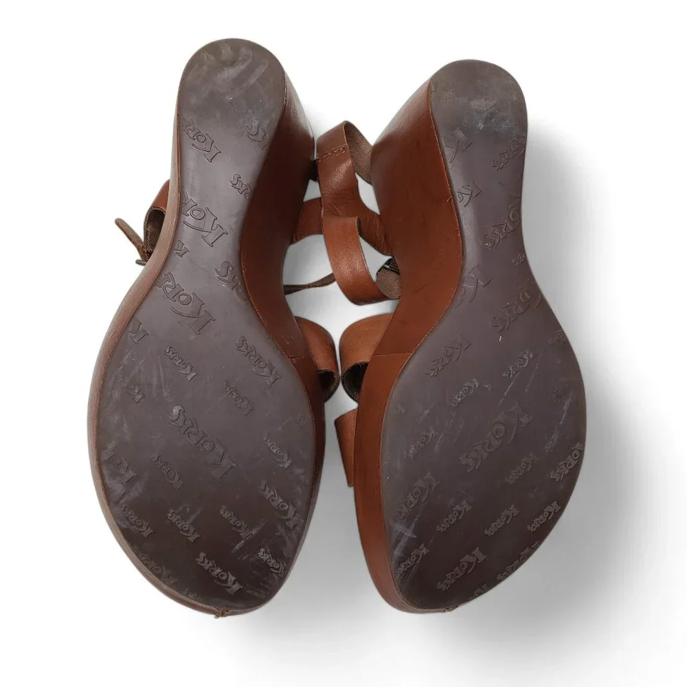 Korks by Kork Ease Platform Wedge Women's Della Brown Leather Strappy Buckled 10